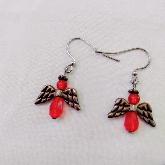 Beaded Angel Dangle Drop Earrings Lot Of 2 Red Blue Faceted Glass Silver Tone - Picture 3 of 4
